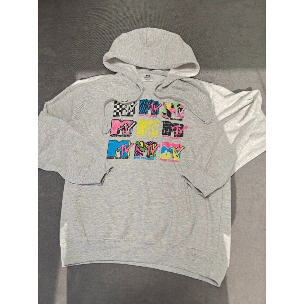 MTV Hoodie Youth Large 11-13 Gray Multicolor Logo Pullover Music Television